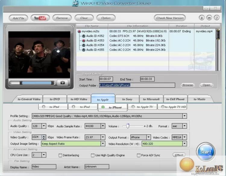WinX HD Video Converter Deluxe settings